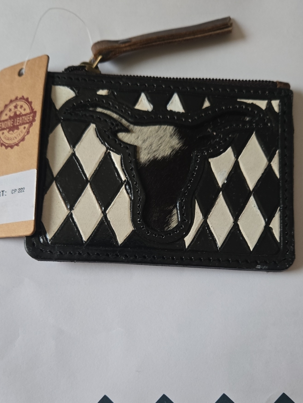 Genuine Leather Black & White Longhorn Card Wallet/key Chain/bag Charm